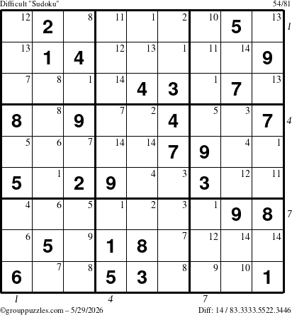 The grouppuzzles.com Difficult Sudoku puzzle for Friday May 29, 2026 with all 14 steps marked