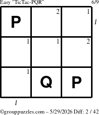 The grouppuzzles.com Easy TicTac-PQR puzzle for Friday May 29, 2026 with all 2 steps marked
