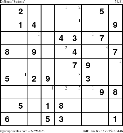 The grouppuzzles.com Difficult Sudoku puzzle for Friday May 29, 2026 with the first 3 steps marked