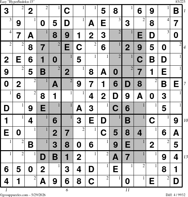 The grouppuzzles.com Easy HyperSudoku-15 puzzle for Friday May 29, 2026 with all 4 steps marked