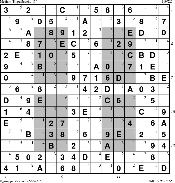 The grouppuzzles.com Medium HyperSudoku-15 puzzle for Friday May 29, 2026, suitable for printing, with all 7 steps marked
