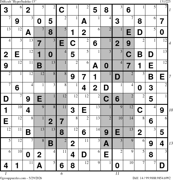 The grouppuzzles.com Difficult HyperSudoku-15 puzzle for Friday May 29, 2026 with all 14 steps marked