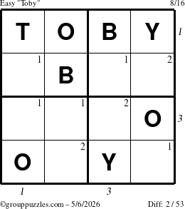 The grouppuzzles.com Easy Toby puzzle for Wednesday May 6, 2026 with all 2 steps marked