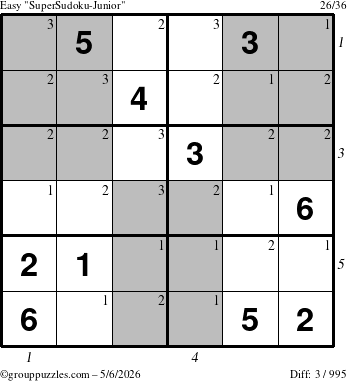 The grouppuzzles.com Easy SuperSudoku-Junior puzzle for Wednesday May 6, 2026 with all 3 steps marked