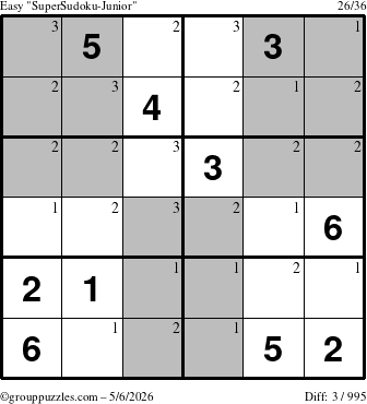 The grouppuzzles.com Easy SuperSudoku-Junior puzzle for Wednesday May 6, 2026 with the first 3 steps marked