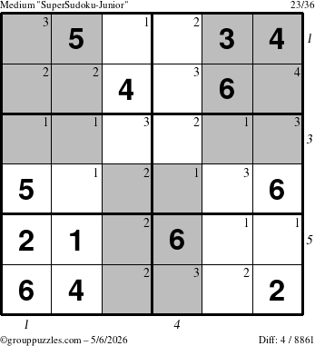 The grouppuzzles.com Medium SuperSudoku-Junior puzzle for Wednesday May 6, 2026, suitable for printing, with all 4 steps marked