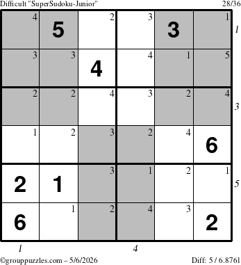 The grouppuzzles.com Difficult SuperSudoku-Junior puzzle for Wednesday May 6, 2026, suitable for printing, with all 5 steps marked