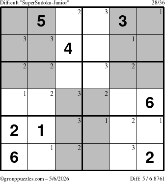The grouppuzzles.com Difficult SuperSudoku-Junior puzzle for Wednesday May 6, 2026 with the first 3 steps marked