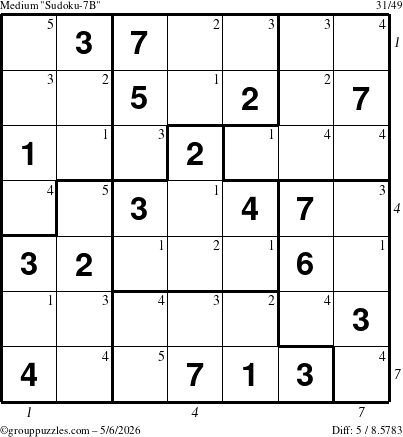 The grouppuzzles.com Medium Sudoku-7B puzzle for Wednesday May 6, 2026, suitable for printing, with all 5 steps marked