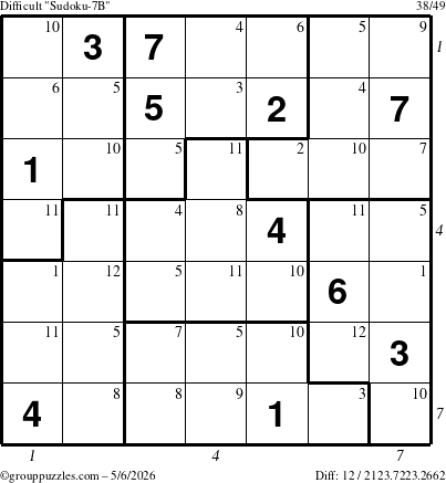 The grouppuzzles.com Difficult Sudoku-7B puzzle for Wednesday May 6, 2026, suitable for printing, with all 12 steps marked