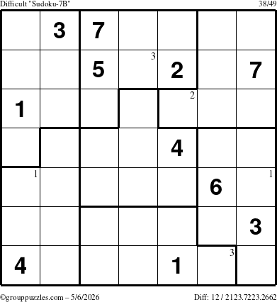 The grouppuzzles.com Difficult Sudoku-7B puzzle for Wednesday May 6, 2026 with the first 3 steps marked
