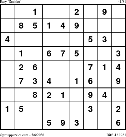 The grouppuzzles.com Easy Sudoku puzzle for Wednesday May 6, 2026