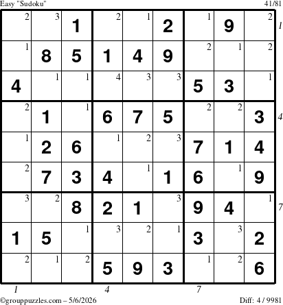 The grouppuzzles.com Easy Sudoku puzzle for Wednesday May 6, 2026, suitable for printing, with all 4 steps marked