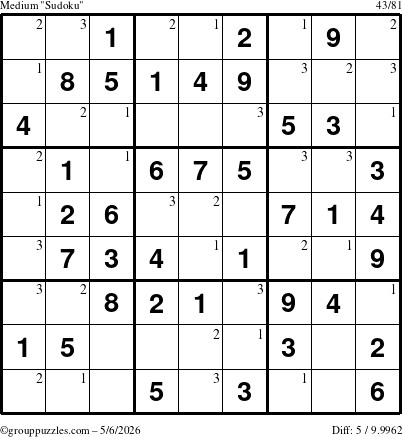 The grouppuzzles.com Medium Sudoku puzzle for Wednesday May 6, 2026 with the first 3 steps marked