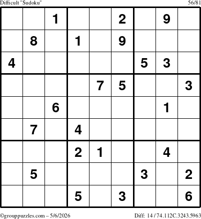 The grouppuzzles.com Difficult Sudoku puzzle for Wednesday May 6, 2026