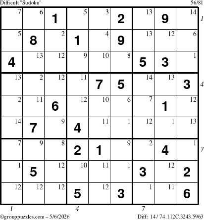 The grouppuzzles.com Difficult Sudoku puzzle for Wednesday May 6, 2026, suitable for printing, with all 14 steps marked