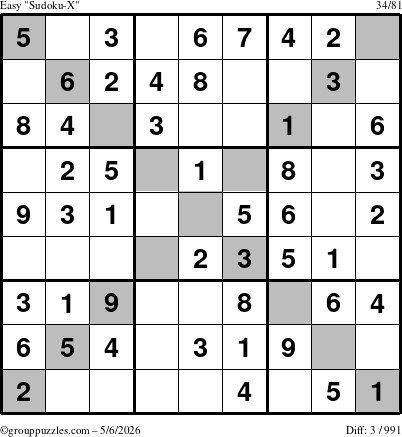The grouppuzzles.com Easy Sudoku-X puzzle for Wednesday May 6, 2026
