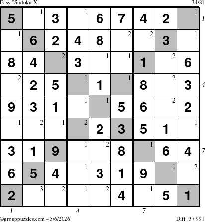 The grouppuzzles.com Easy Sudoku-X puzzle for Wednesday May 6, 2026 with all 3 steps marked
