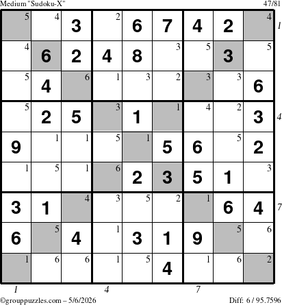 The grouppuzzles.com Medium Sudoku-X puzzle for Wednesday May 6, 2026 with all 6 steps marked