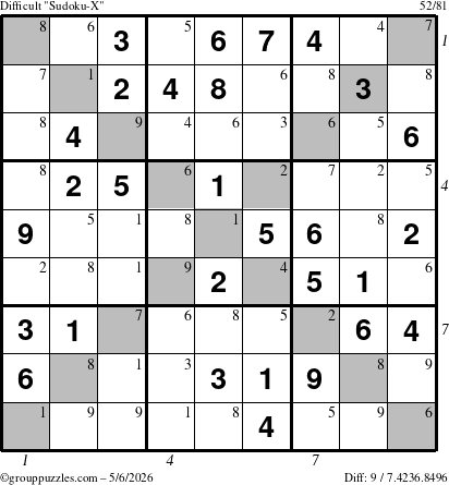 The grouppuzzles.com Difficult Sudoku-X puzzle for Wednesday May 6, 2026, suitable for printing, with all 9 steps marked