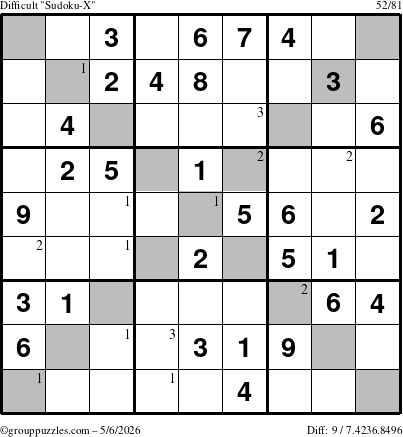 The grouppuzzles.com Difficult Sudoku-X puzzle for Wednesday May 6, 2026 with the first 3 steps marked