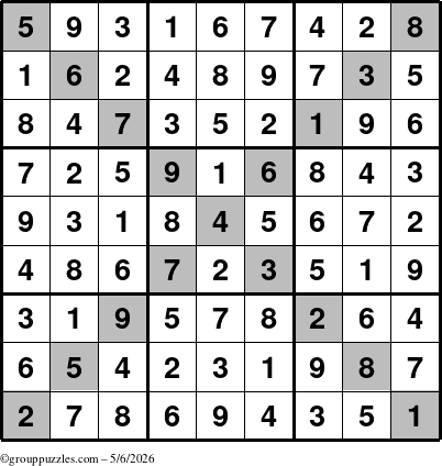 The grouppuzzles.com Answer grid for the Sudoku-X puzzle for Wednesday May 6, 2026