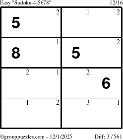 The grouppuzzles.com Easy Sudoku-4-5678 puzzle for Monday December 1, 2025 with the first 3 steps marked