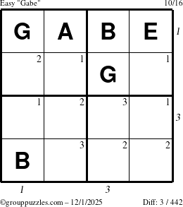 The grouppuzzles.com Easy Gabe puzzle for Monday December 1, 2025 with all 3 steps marked