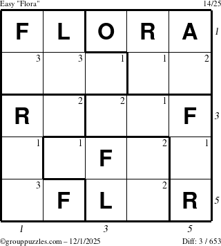 The grouppuzzles.com Easy Flora puzzle for Monday December 1, 2025, suitable for printing, with all 3 steps marked