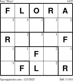 The grouppuzzles.com Easy Flora puzzle for Monday December 1, 2025 with the first 3 steps marked