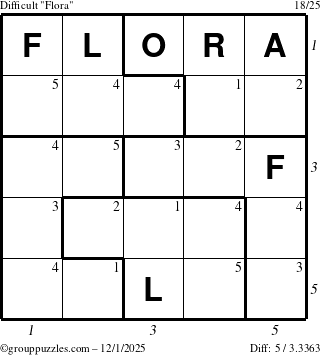 The grouppuzzles.com Difficult Flora puzzle for Monday December 1, 2025, suitable for printing, with all 5 steps marked