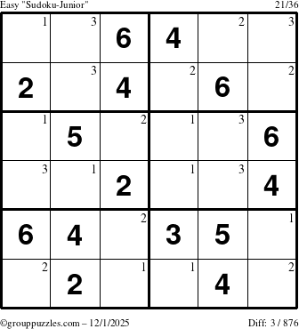 The grouppuzzles.com Easy Sudoku-Junior puzzle for Monday December 1, 2025 with the first 3 steps marked