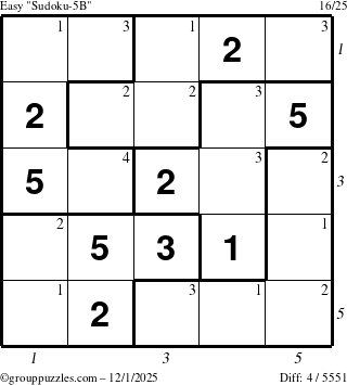 The grouppuzzles.com Easy Sudoku-5B puzzle for Monday December 1, 2025, suitable for printing, with all 4 steps marked