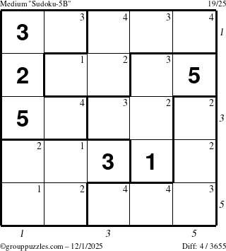 The grouppuzzles.com Medium Sudoku-5B puzzle for Monday December 1, 2025, suitable for printing, with all 4 steps marked