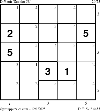The grouppuzzles.com Difficult Sudoku-5B puzzle for Monday December 1, 2025 with all 5 steps marked