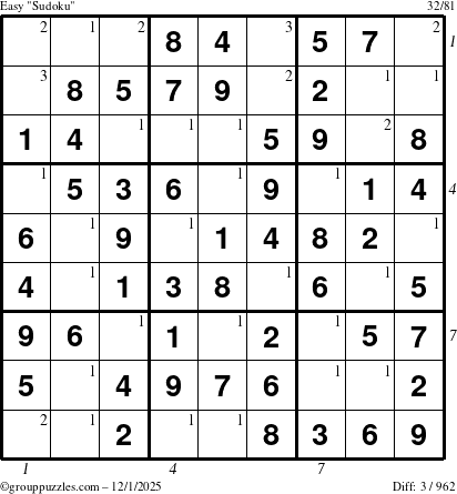 The grouppuzzles.com Easy Sudoku puzzle for Monday December 1, 2025, suitable for printing, with all 3 steps marked