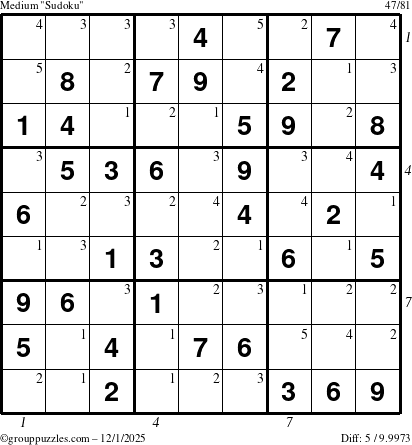 The grouppuzzles.com Medium Sudoku puzzle for Monday December 1, 2025 with all 5 steps marked
