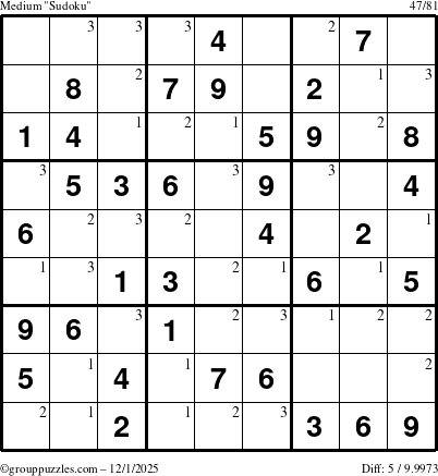 The grouppuzzles.com Medium Sudoku puzzle for Monday December 1, 2025 with the first 3 steps marked