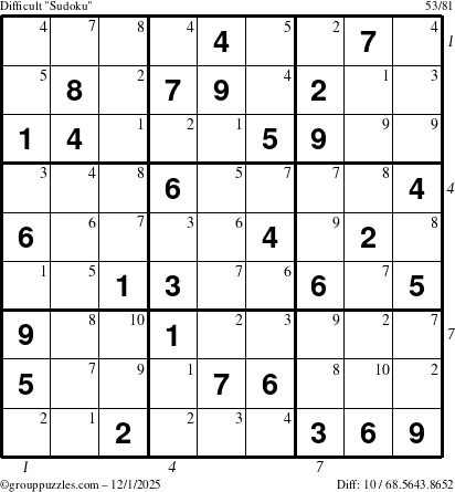The grouppuzzles.com Difficult Sudoku puzzle for Monday December 1, 2025 with all 10 steps marked