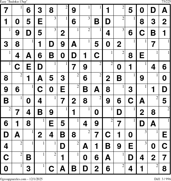 The grouppuzzles.com Easy Sudoku-15up puzzle for Monday December 1, 2025 with the first 3 steps marked