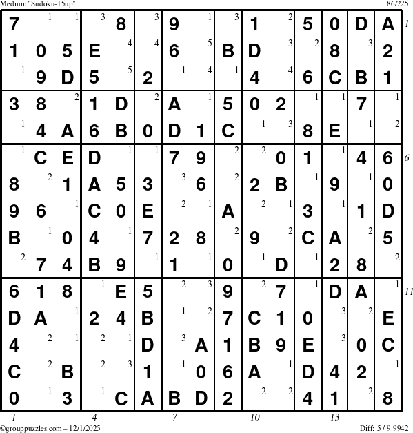The grouppuzzles.com Medium Sudoku-15up puzzle for Monday December 1, 2025, suitable for printing, with all 5 steps marked
