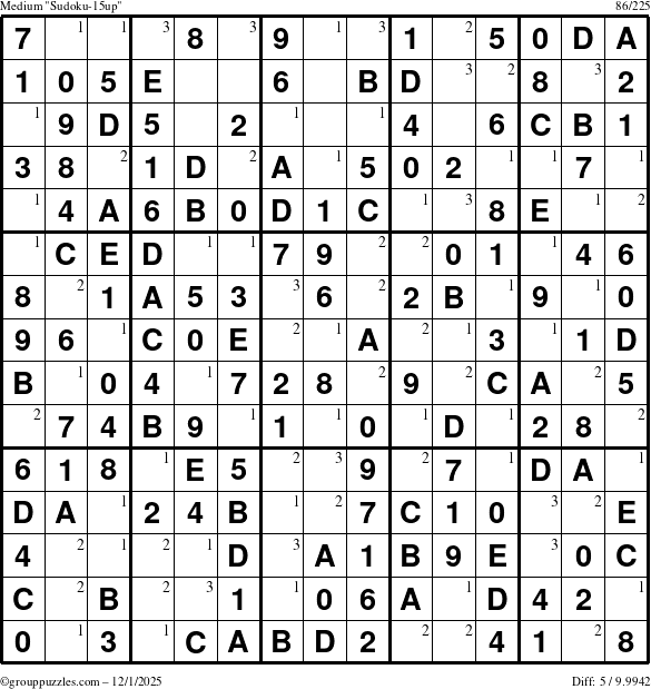 The grouppuzzles.com Medium Sudoku-15up puzzle for Monday December 1, 2025 with the first 3 steps marked