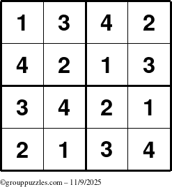 The grouppuzzles.com Answer grid for the Sudoku-4 puzzle for Sunday November 9, 2025