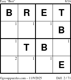 The grouppuzzles.com Easy Bret puzzle for Sunday November 9, 2025 with the first 2 steps marked