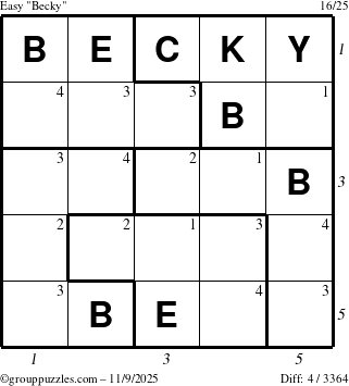 The grouppuzzles.com Easy Becky puzzle for Sunday November 9, 2025, suitable for printing, with all 4 steps marked
