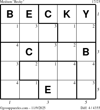 The grouppuzzles.com Medium Becky puzzle for Sunday November 9, 2025 with all 4 steps marked