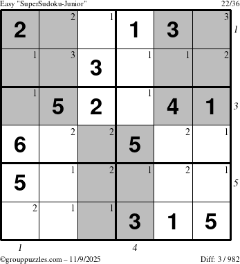 The grouppuzzles.com Easy SuperSudoku-Junior puzzle for Sunday November 9, 2025, suitable for printing, with all 3 steps marked