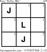 The grouppuzzles.com Easy TicTac-JKL puzzle for Sunday November 9, 2025 with the first 2 steps marked