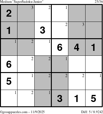 The grouppuzzles.com Medium SuperSudoku-Junior puzzle for Sunday November 9, 2025 with the first 3 steps marked