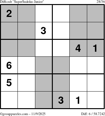 The grouppuzzles.com Difficult SuperSudoku-Junior puzzle for Sunday November 9, 2025